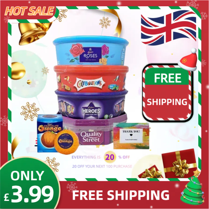 Assorted Christmas Chocolate Tubs Selection – Pack of 5 – Bulk Buy of Roses, Heroes, Quality Street, Celebrations Chocolate Pralines & 1 Terry’s Orange Chocolate with Topline Card for Chocolate Gifts - Image 1